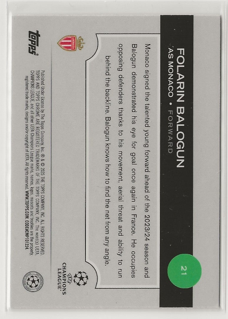 Folarin Balogun | AS Monaco | Topps UCC Chrome 2024/25 Neon Pink Ray Wave /175